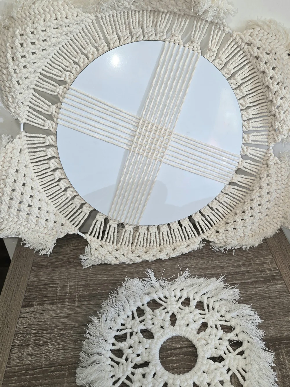 Handmade Macrame Wall Mirror Round Bohemian Beige Cotton Rope and Coaster SEE DE